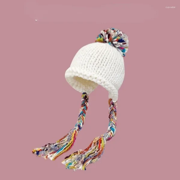 Boinas de punto Gorros de rayas Gorros Ladie Invierno Protección para los oídos Borla colorida Sombrero de lana cálido con pompón para mujer