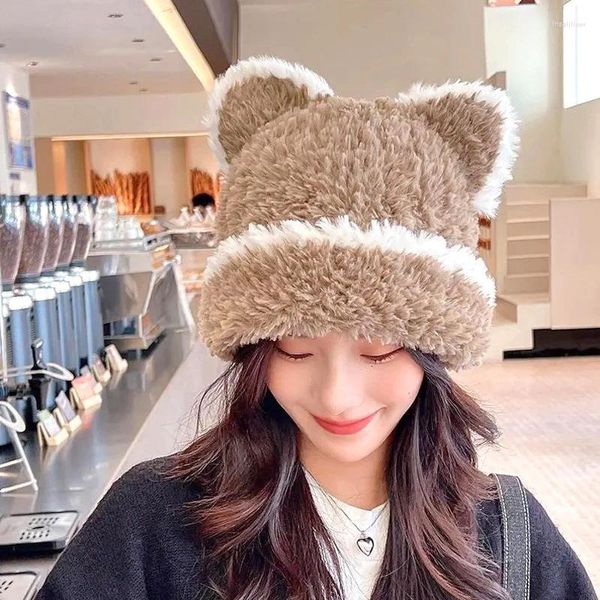 Boinas de lana tejidas para mujer, gorros cálidos de felpa para invierno, gorros con orejas de oso, gorros de cubo suaves tejidos para parejas informales