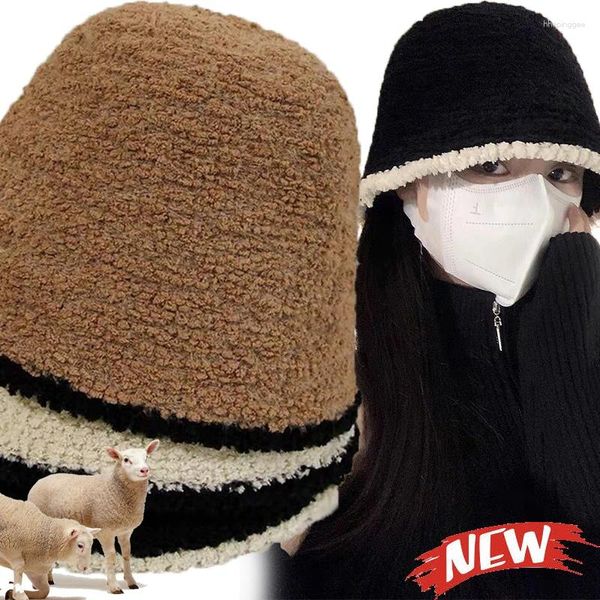 Boinas tejidas sombrero de cubo para mujer invierno cálido grueso lana de cordero gorro de lana gorra de pescador de Panamá gorras de calavera de felpa holgadas