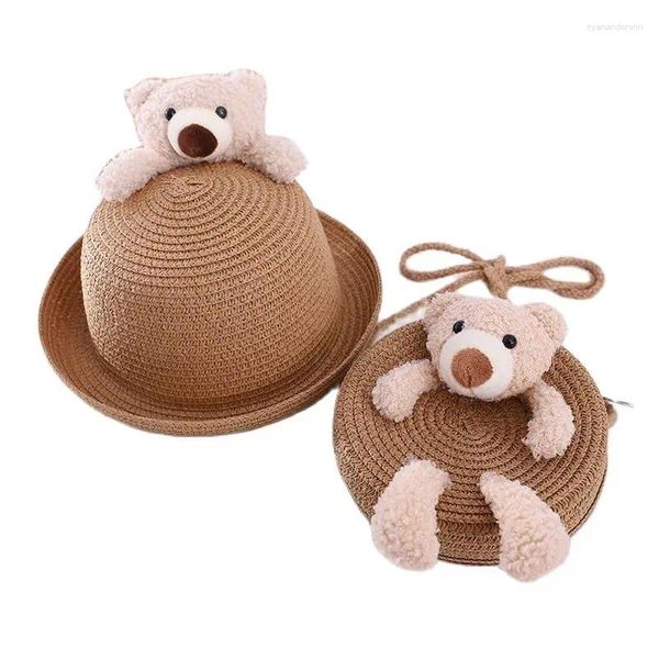 Boinas Coreanas Oso de dibujos animados Niños Sombrero para el sol Bolsa Set Primavera Verano Marca Flanging Sombreros de playa para niño niña Kid Gorra de ala ancha