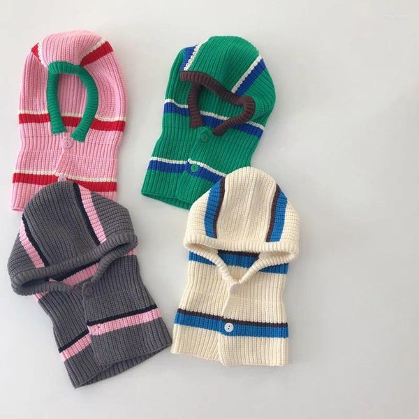 Boinas Niños coreanos Pasamontañas Sombrero Rayado Punto Invierno Niños Capucha cálida Gorro de una pieza Bufanda Gorro Niños Niñas Protección para los oídos