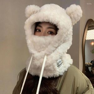 Boinas Sombreros de oso lindo coreano y bufanda Sombrero de pasamontañas extraíble integrado para mujeres Invierno Versátil Cálido Felpa Bomber Caps