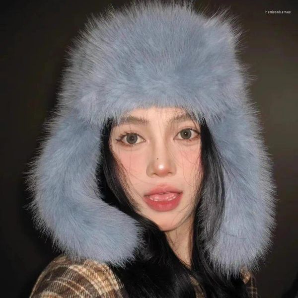 Boinas Imitación coreana Mink lei feng feng mujeres de invierno enfrentan protección de oído pequeños sombreros de esquí cálidos al aire libre gorra rusa fría para hombres gorras