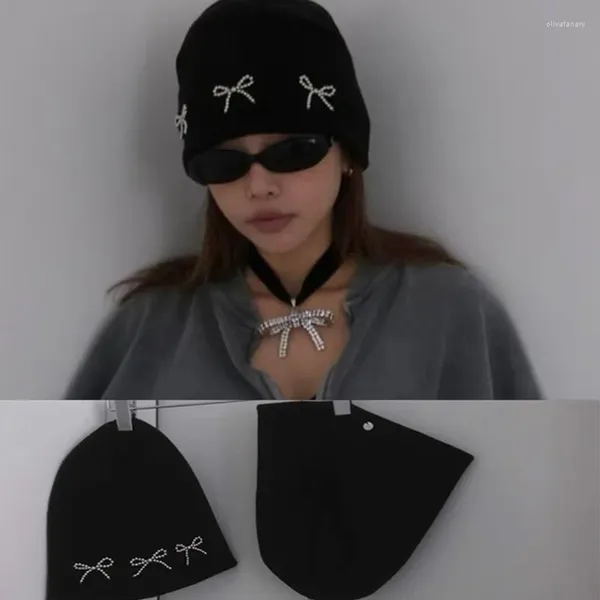 Boinas Coreano Ins Beanie Hat Mujeres Y2k Arco Punto Casual Invierno Gorros Cálidos Protección para los oídos Suave Color Sólido Grueso A prueba de viento Hip-Hop Sombreros