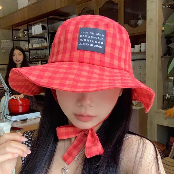 Boinas Corea Plaid Lace Up Bucket Hat Summer UV Sunscreen Beach Cap Ins Wide Brim Fisherman's Accessorios