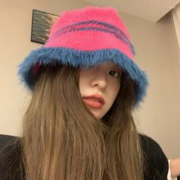 Bérets coréen rayé couleur correspondant peluche étoile seau chapeau hiver grande tête chaude mode imitation vison cheveux bassin casquette pour femmes bonnet