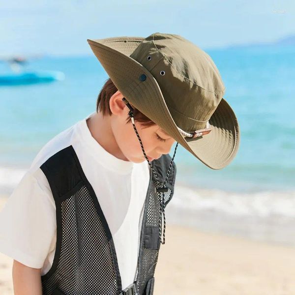 Bérets Style coréen enfants Cool bébé garçon étiquette en cuir alpinisme protection en plein air grand bord chapeau de pêcheur soleil H