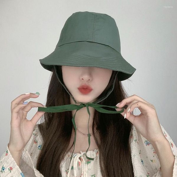 Boinas Estilo coreano Verde oscuro Ala grande Casual Vintage Pescador Sombrero Mujer Calle Hip-hop Ins Retro Correa Cubo