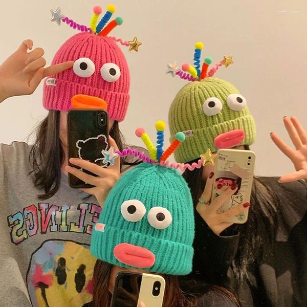 Boinas estilo coreano moda ojos grandes pareja sombrero de punto invierno cálido lindo divertido gorros de felpa gorra de dibujos animados para fiesta al aire libre