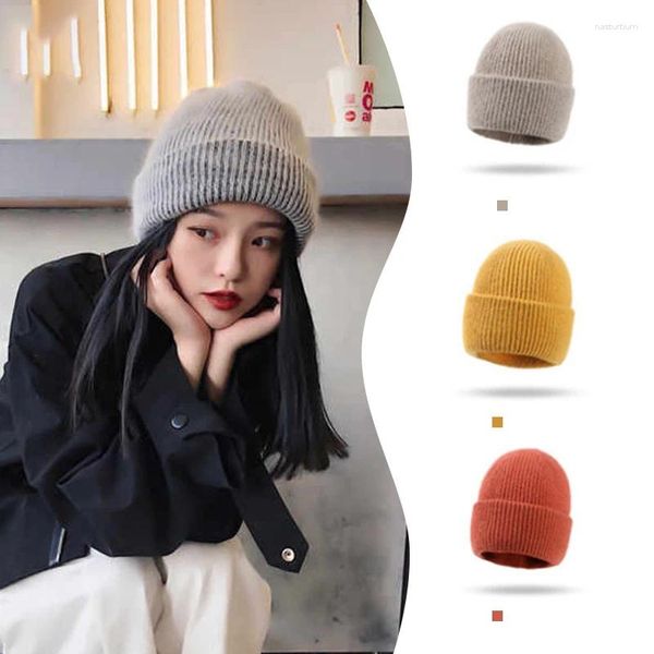 Bérets Style coréen Bonnet de fourrure hiver femmes épais chapeau solide bord Curl tricoté Bonnet automne hommes Slouchy chaud casquette de Ski