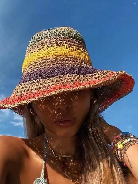 Bérets de style coréen multicolore pliable chapet de crochet pour les voyages à la plage et la paille faites à la main