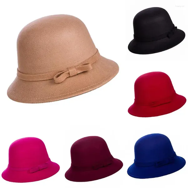 Boinas Estilo coreano Sombrero de lana Decoración Bowknot Ala ancha Jazz Damas Elegante Flat Top Bowler Invierno Mantener caliente