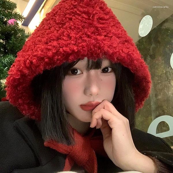 Bérets Version coréenne de rouge mignon Lamb Bangle en peluche Hat à l'oreille Hiver Street Chauffle Kpop Sac Kpop Head Ski Bamans pour femmes