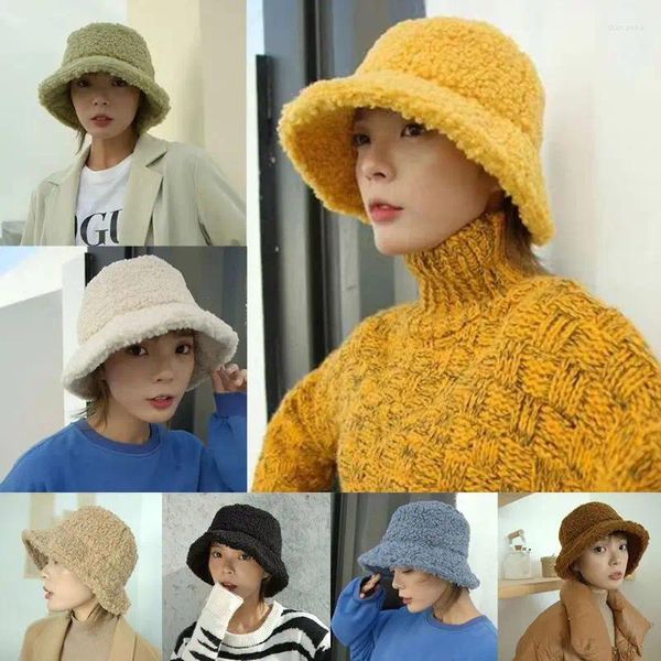 Bérets coréens femmes filles hiver fausse laine seau chapeau couleur unie peluche épaissir chaud large bord pour pare-soleil rétro pêcheur