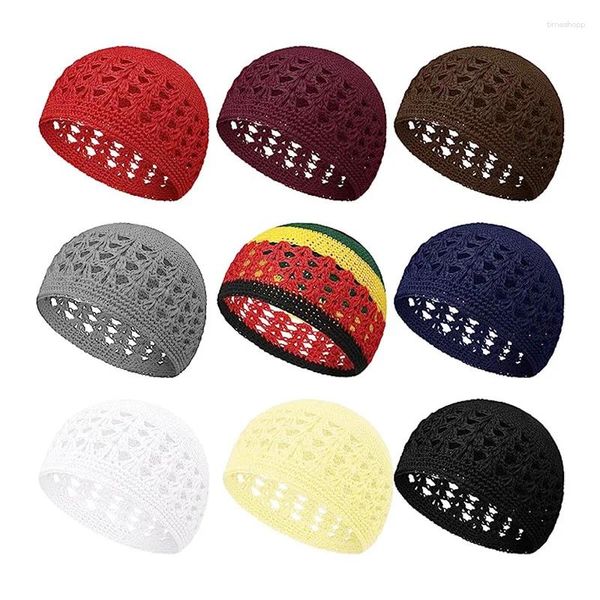 Boinas Kufi Cap Algodón sólido Mujeres Hombres Sombreros de oración Gorro islámico Ganchillo Hecho a mano Invierno Mantener accesorios calientes