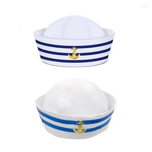 Bérets L5YA chapeau Cosplay avec décors à rayures blanches et bleues capitaine marine Marine pour femme hommes accessoires drôles