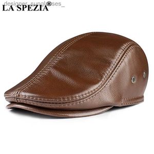 Berets La Spezia Cowskin Mens Beret Real Leather Flat C Brown Earfls chauds d'automne hiver Gatsby Driver Ivy Hat Newsboyl231103