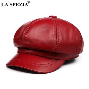 Berets La Spezia Real Leather Sboy Cap Women Solid Baker Boy Red Black Blue Pink Vintage Brand Ladies Winter Octagonal 230821