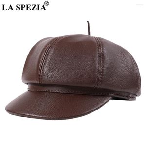 Bérets LA SPEZIA Sboy Cap Hommes Véritable Cuir Octogonal Brim Chapeau De Chèvre Hiver En Plein Air De Luxe Homme Baker Boy Béret Noir Marron Rouge