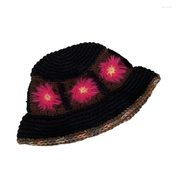 Bérets dames crochet motif floral chapeau pêcheur large godet de bord gaspillent le capuchon chaud