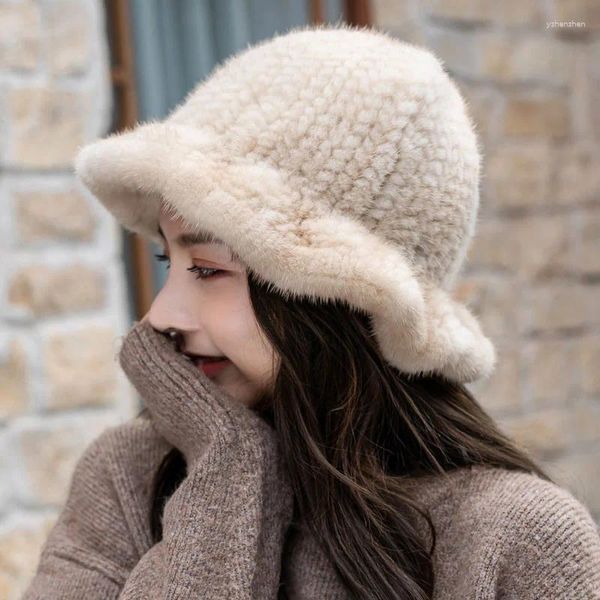 Boinas Sombrero de piel para mujer 2023 Invierno Fluffy Mink Ruso Diadema para mujer Orejera al aire libre Gorro de esquí Mantener caliente