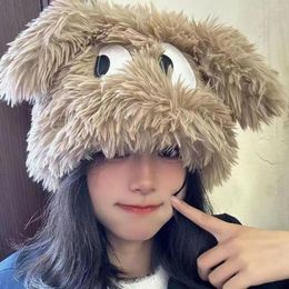 Bérets dames chapeau Adorable dessin animé chiot hiver avec peluche grands yeux anti-dérapant Protection des oreilles mignon dame Po accessoire pour l'extérieur