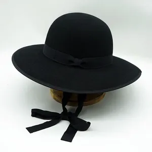 Berets Ladies Wide Brim Round Fedora Hat Lace Up Up Bowler Black Wool Long Ribbon Band Bow Stage Performance