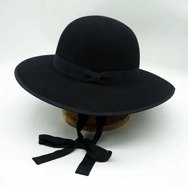 Boinas Damas ancho ancho redondear el sombrero fedora encaje de lana negra lana de lana larga banda de la banda del reverso