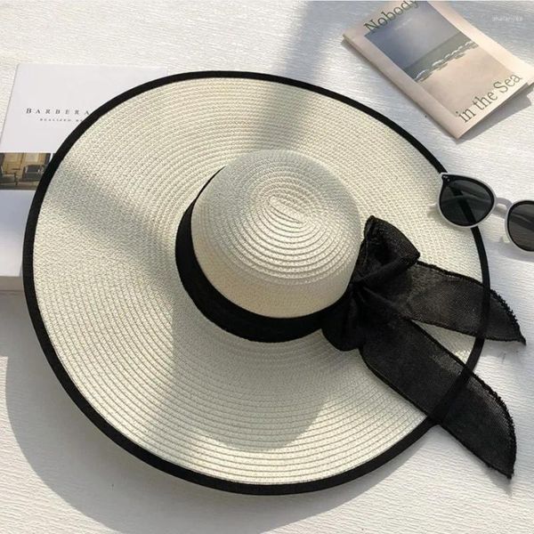 Boinas para mujer, sombrero de paja informal de ala ancha, lazo grande, sombreros para el sol a la moda para verano, gorra plana Panamá, lazo negro para mujer, accesorios