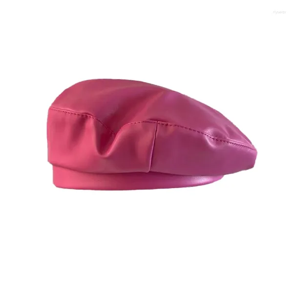 Boinas Lady Matte Pu Cuero sintético Flat Top Artista Sombrero Moda Color Rosa Street Dance Boina