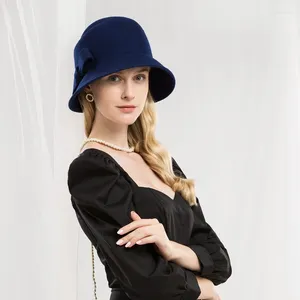 Boinas Lady Royal Navy Fedoras Hat Mujer Lana Bowler Dome Cap Adulto Fedora Sombreros Elegantes Mujeres Bowknot Chapeau A11