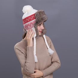 Boinas para mujer, gorro de piel cálido para invierno, gorro con pompón para protección de oídos para estudiantes, gorros de bombardero de lana tejidos Lei Feng para exteriores, boinas de B-8558