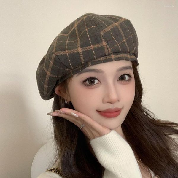 Boinas Laides British Retro Plaid Boina Sombrero Otoño Invierno Versión coreana Casual Chica Pintor Mujer Lana simple