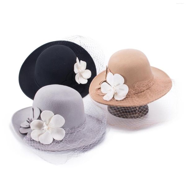 Bérets Lawliet Winter Women's Meadow Laine Feutre Fleurs Large Bord Fedora Chapeau T398