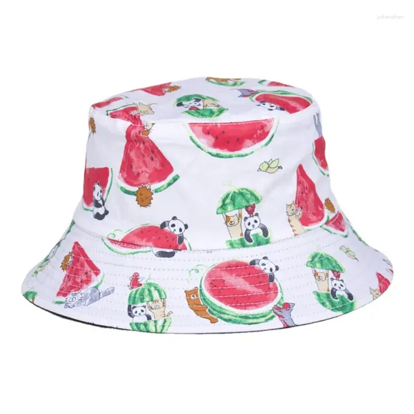Bérets LDSLYJR 2024 coton dessin animé pastèque imprimé seau chapeau pêcheur voyage en plein air casquette de soleil pour hommes et femmes 454