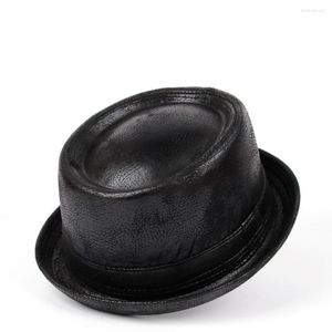 Berets lederen mannen flat fedora hoed voor heer papa varkenspie bowler jazz big 4size s m l xl