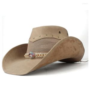 Berets lederen mannen vrouwen mesh western cowboy hoed brede rand sombrero hombre cowgirl hatberetten pros22