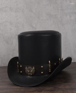 Berets Leather Top Hat Président Fedoras traditionnels Femelles Men Magicien Steampunk Cosplay Party Caps Dropshiping 3Size 13CM5174525