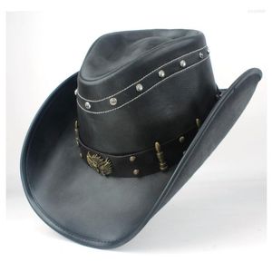 Bérets cuir femmes hommes Western Cowboy Ha large bord Punk ceinture Jazz Sombrero Hombre papa chapeau taille 58-59CMbérets Pros22