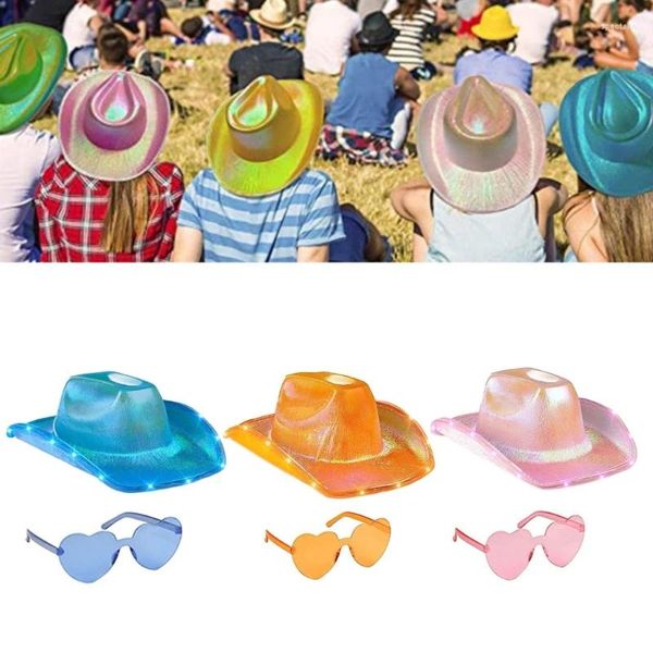 Boinas LED Sombrero de vaquero Gafas de sol Conjunto de disfraces Gafas de ala ancha occidental Accesorios para despedida de soltera para adultos Accesorios 2 piezas
