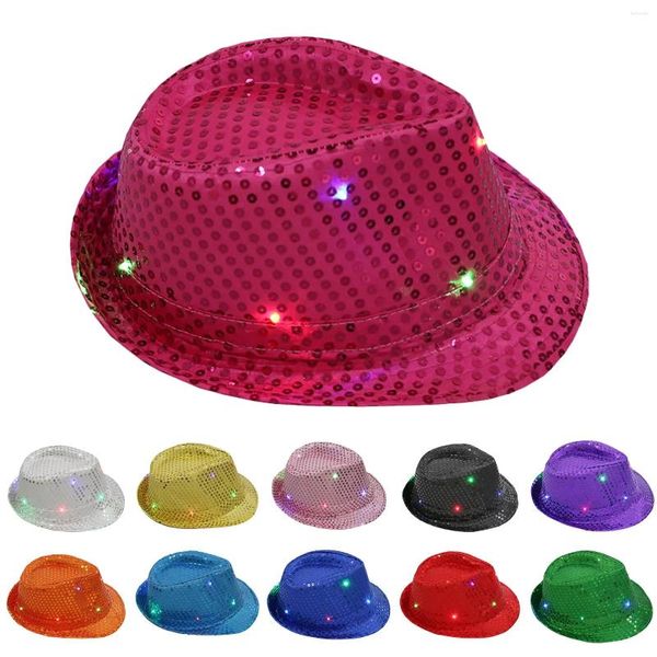 Bérets LED Party Panama Caps Sequin Glow Jazz Hat Performance Props Flash Cowboy Outdoor Hip Hop Cap Gros Plat Top Chapeaux De Noël