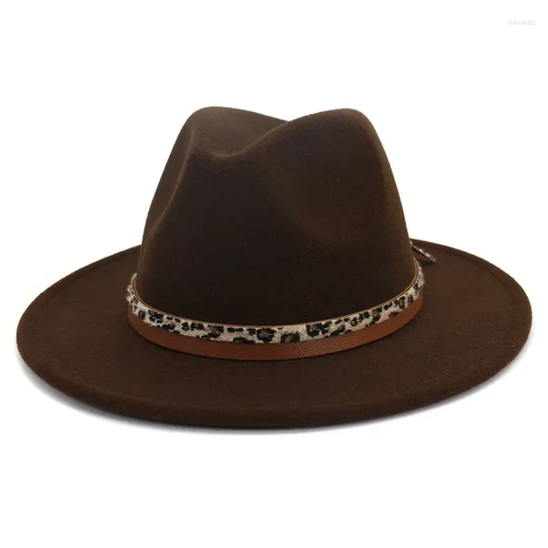 Bérets Léopard Marron Ceinture En Cuir Décoration Feutre Chapeaux Pour Femmes Style Britannique Fedora Chapeau Imitation Laine Jazz Chapeau En Gros