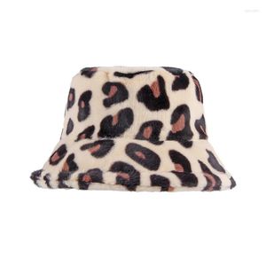 Beretten Leopard Flat Top Autumn Winter Faux Fur Fisherman's Hat Keep Warm Girl Fashion Basin Cap Women Bucket