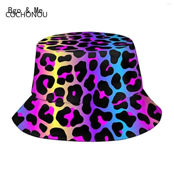 Boinas Leopardo Neón Animal Print Bucket Hat Sun Beach Packable Fisherman Cap para mujeres Hombres Verano Senderismo al aire libre