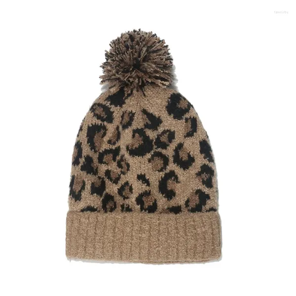 Boinas Estampado de leopardo Orejeras de punto al aire libre Mujeres Gorro con pompón Otoño Invierno Adulto Bola de piel Elasticidad Gorro de punto