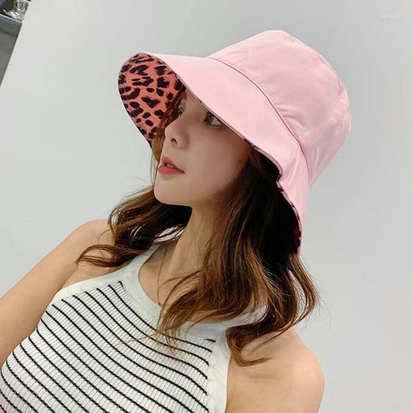 Boinas Sombrero de Panamá con estampado de leopardo para mujer, sombreros de cubo con sombrilla japonesa de doble cara, gorras de protección solar para mujer, gorra de pescador