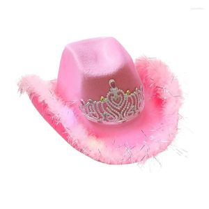 Bérets allument chapeau de cowboy rose avec diadème roulé Fedora Caps large bord pour fête vacances carnaval Cosplay jeu de rôle fournituresbérets