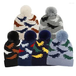 Bérets Little Boys Tricoté Dinosaure Jacquard Bobble Bonnet Enfants Chapeau Avec Pom