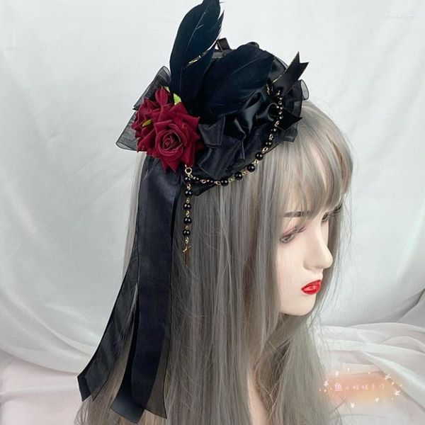 Bérets Lolita Ball Top Hat Dark Goth Hair Accessories Coiffe Burgundy Roses Side Clip