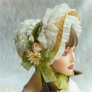 Berets Lolita Bonnet Paille de paille en dentelle Trime du soleil Sweet Ruban Elegant Tea Party Floral Cosplay